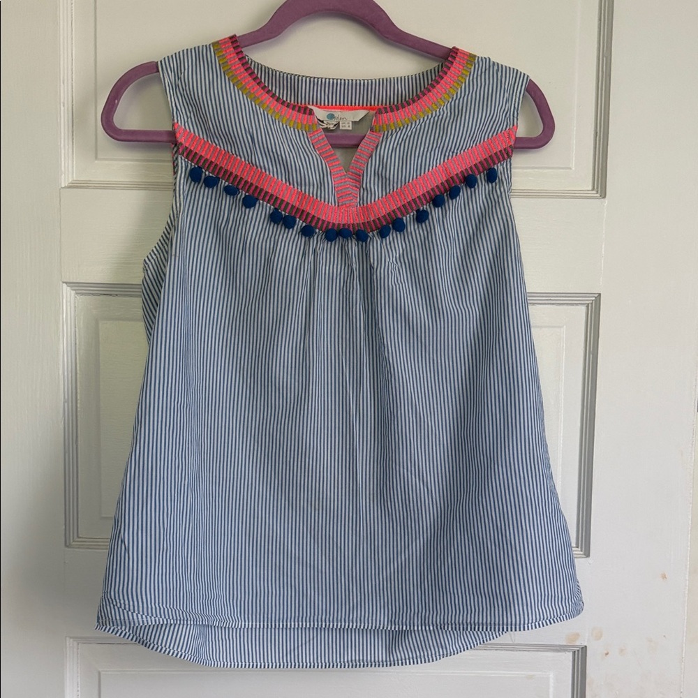 Biden size 8 seersucker sleeveless top with Pom poms